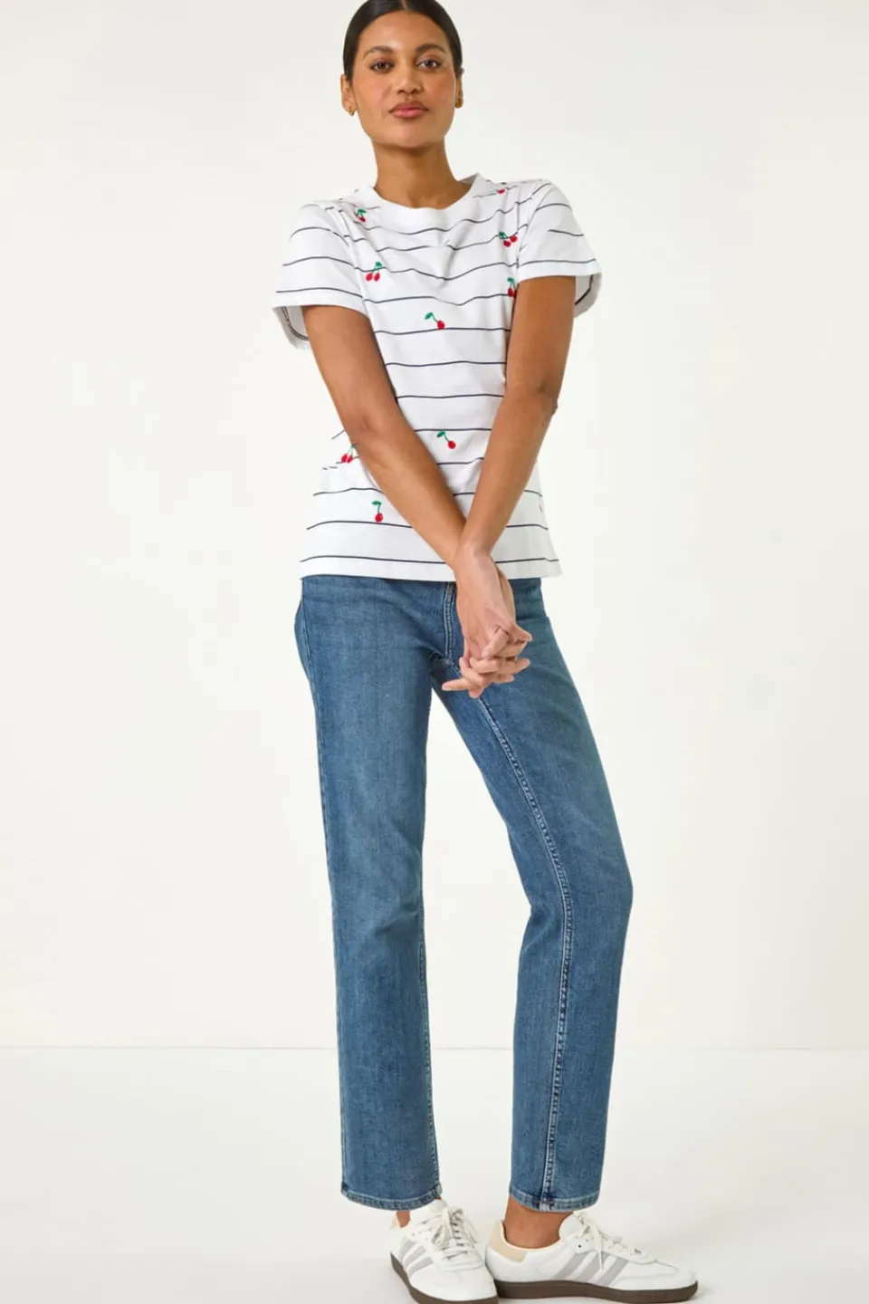 T-Shirts>Roman Ivory Cherry Embroidered Stripe T Shirt