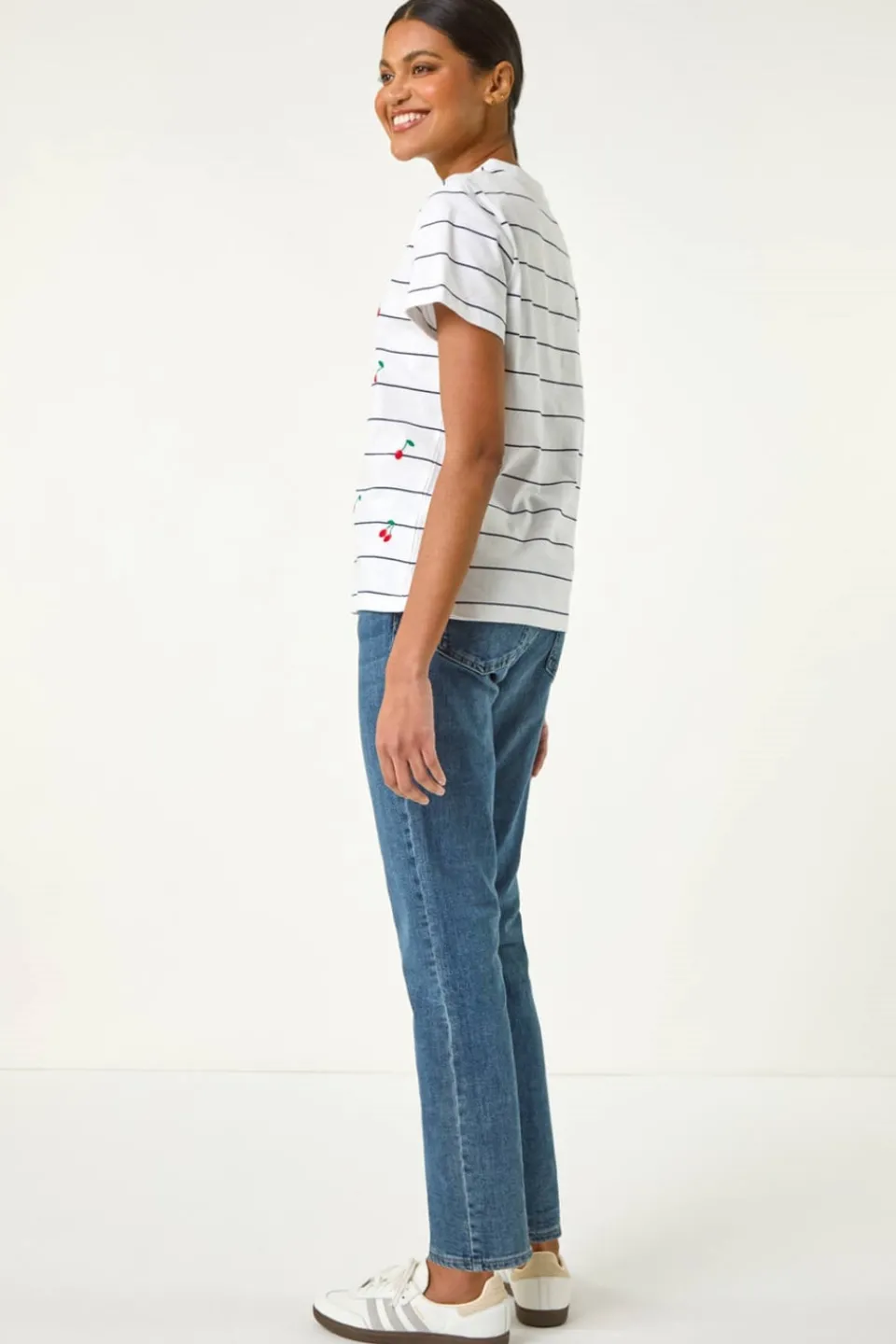 T-Shirts>Roman Ivory Cherry Embroidered Stripe T Shirt
