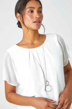 T-Shirts>Roman Chiffon Jersey Chiffon Blouson Top with Necklace Ivory