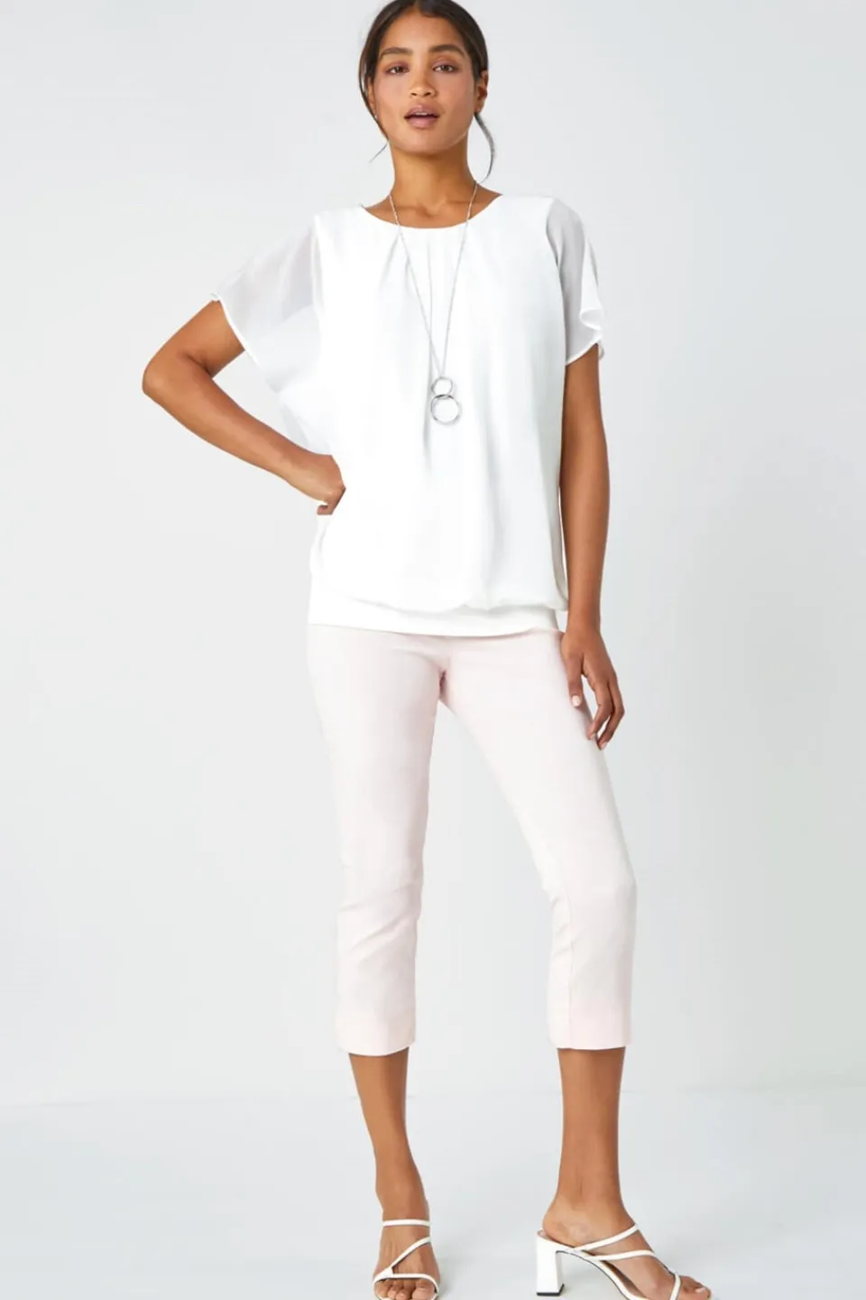 T-Shirts>Roman Chiffon Jersey Chiffon Blouson Top with Necklace Ivory