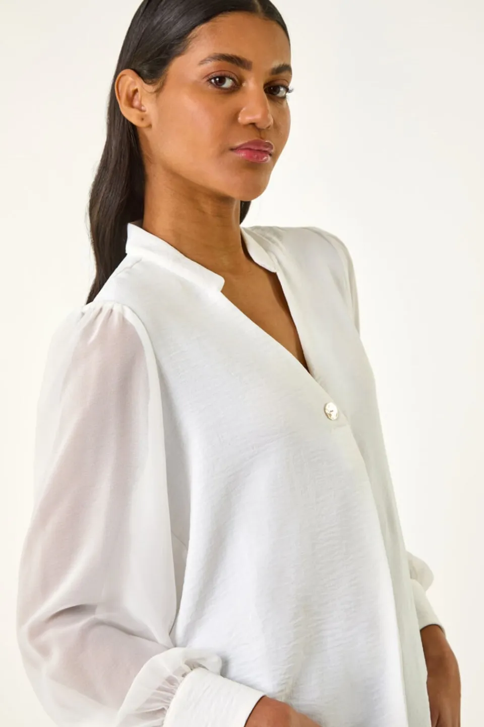 Blouses & Shirts>Roman Ivory Chiffon Sleeve V-Neck Pleated Top
