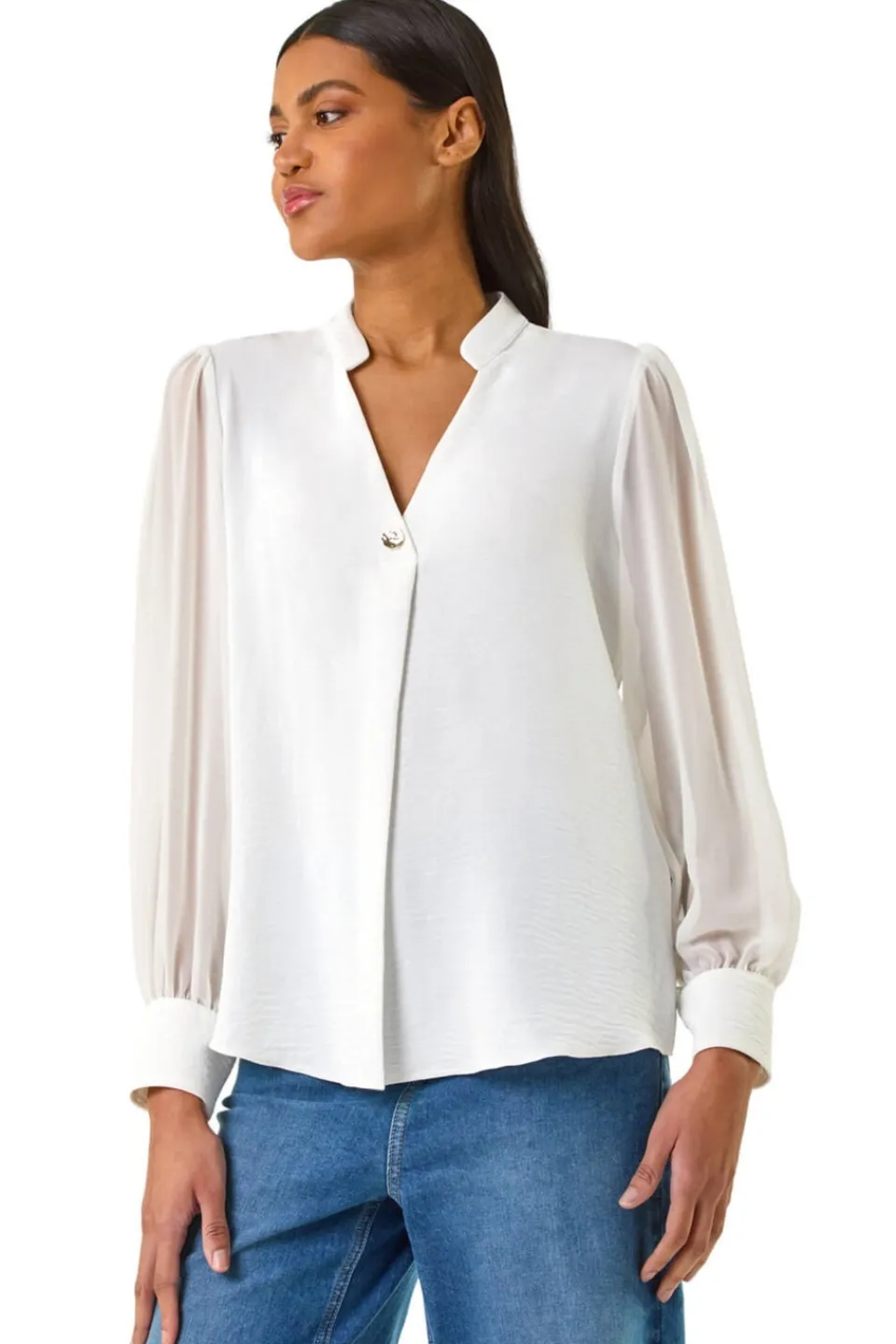 Blouses & Shirts>Roman Ivory Chiffon Sleeve V-Neck Pleated Top