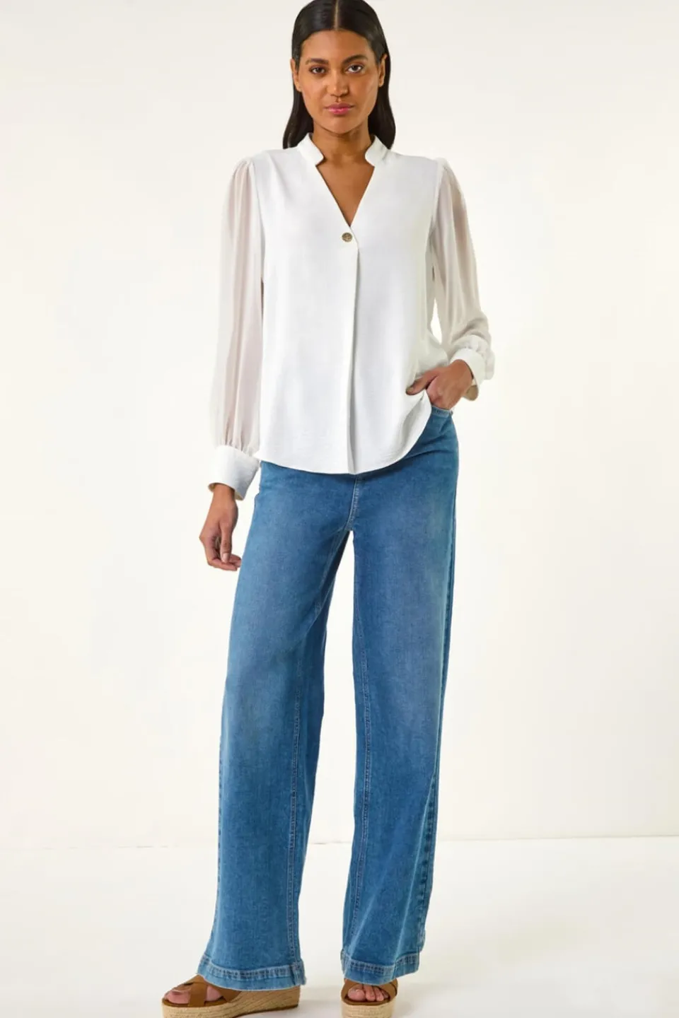 Blouses & Shirts>Roman Ivory Chiffon Sleeve V-Neck Pleated Top