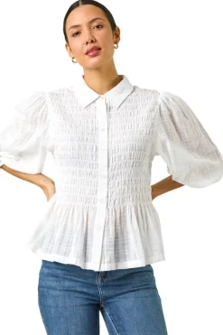Tops>Roman Ivory Collar Shirred Button Blouse