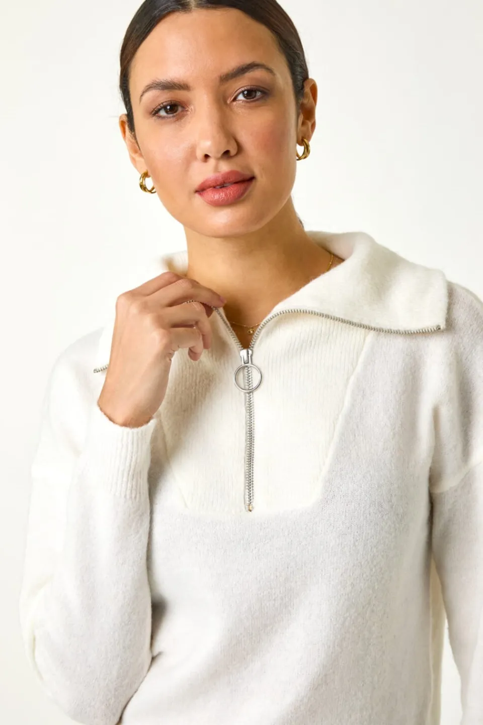 Tops>Roman Collar Zip Neck Knit Jumper Ivory