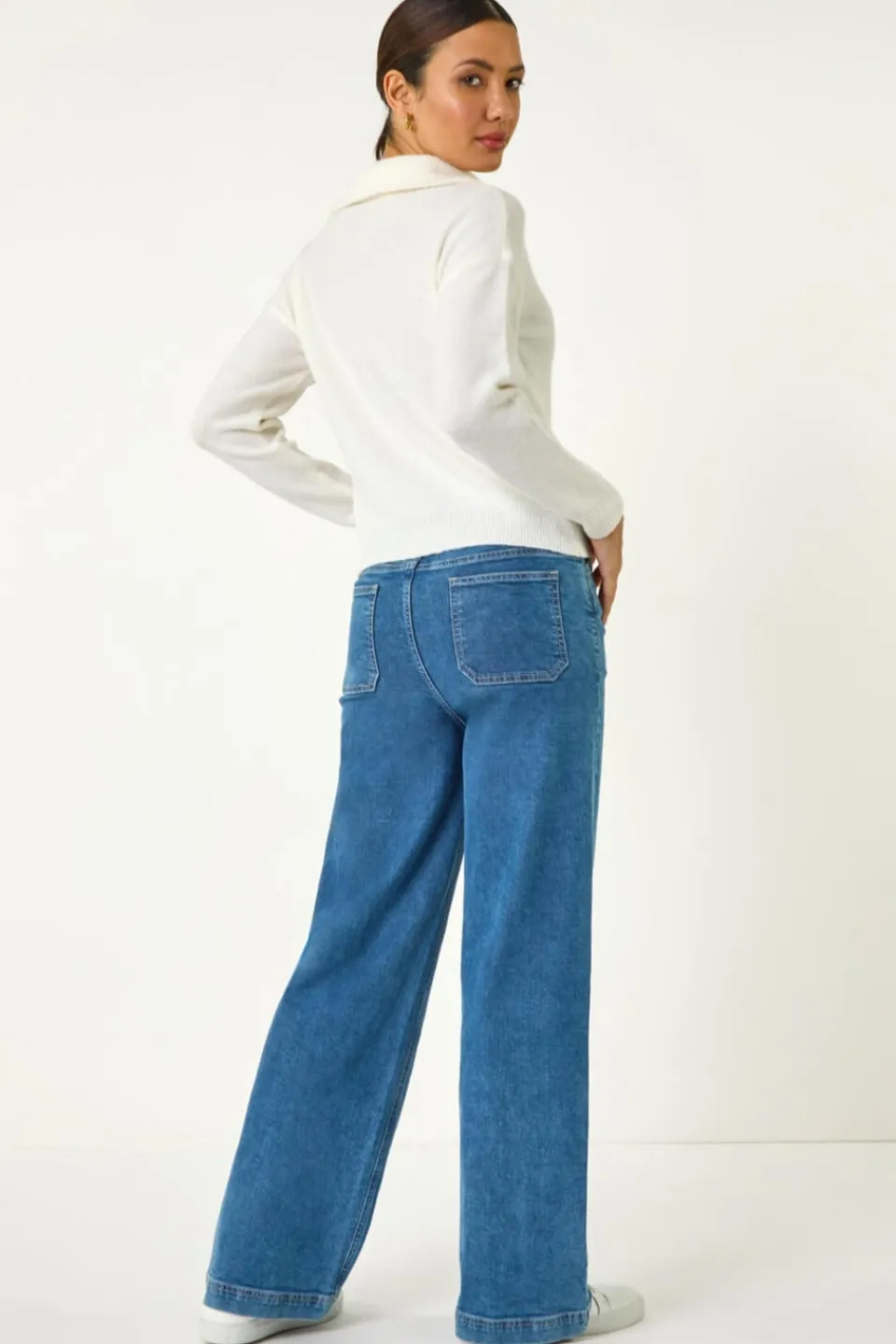 Tops>Roman Collar Zip Neck Knit Jumper Ivory