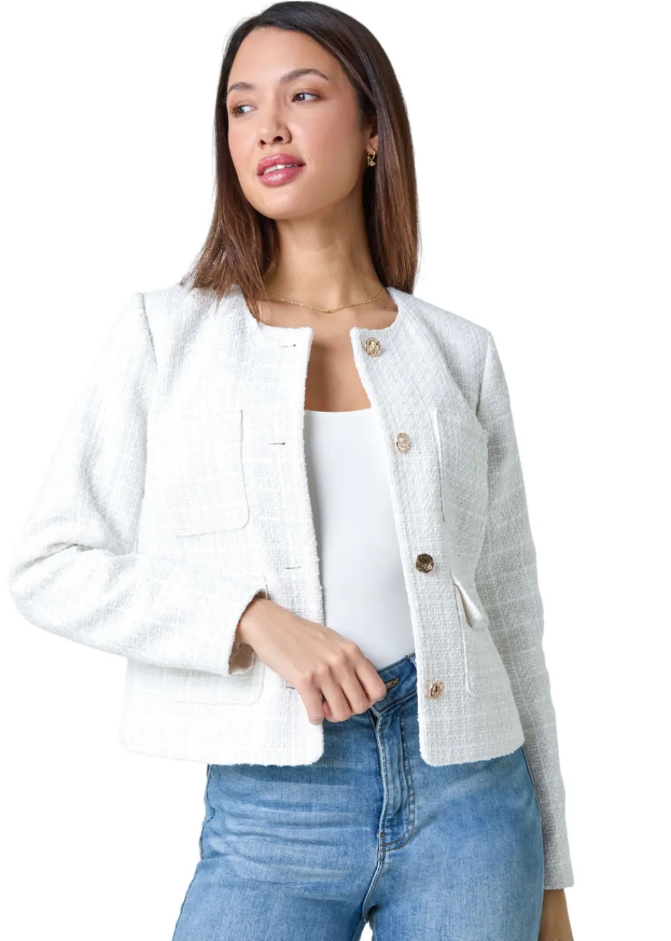 Coats & Jackets>Roman Ivory Collarless Boucle Jacket