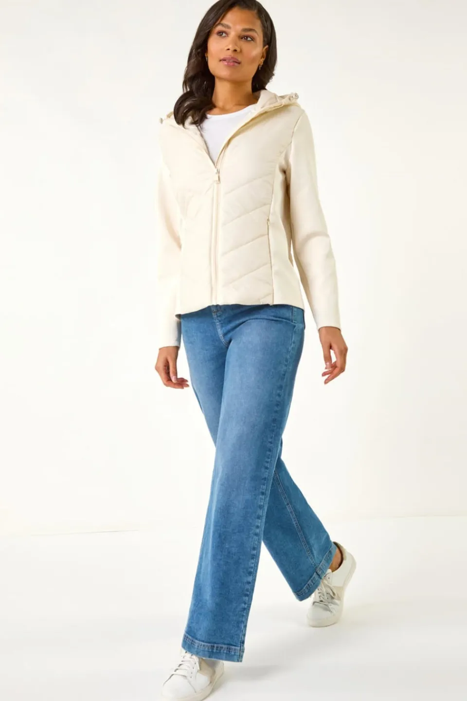 Coats & Jackets>Roman Ivory Contrast Hooded Padded Jacket