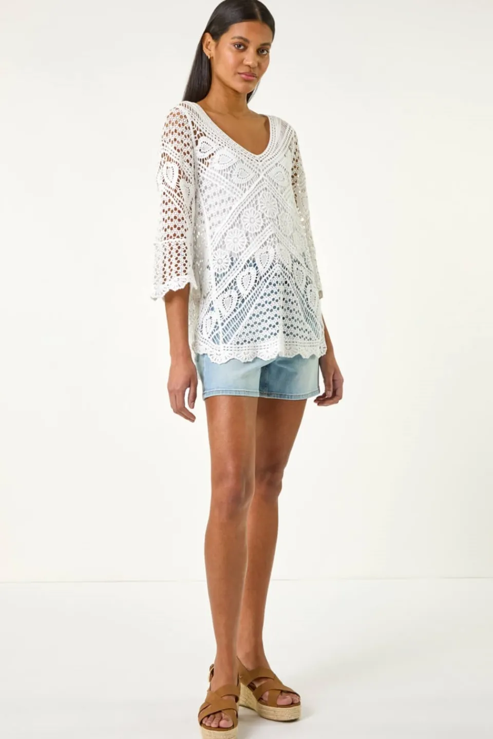 Tops>Roman Ivory Crochet Lace V-Neck Open Knit