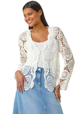 Tops>Roman Ivory Crochet Tie Front Knit Cardigan