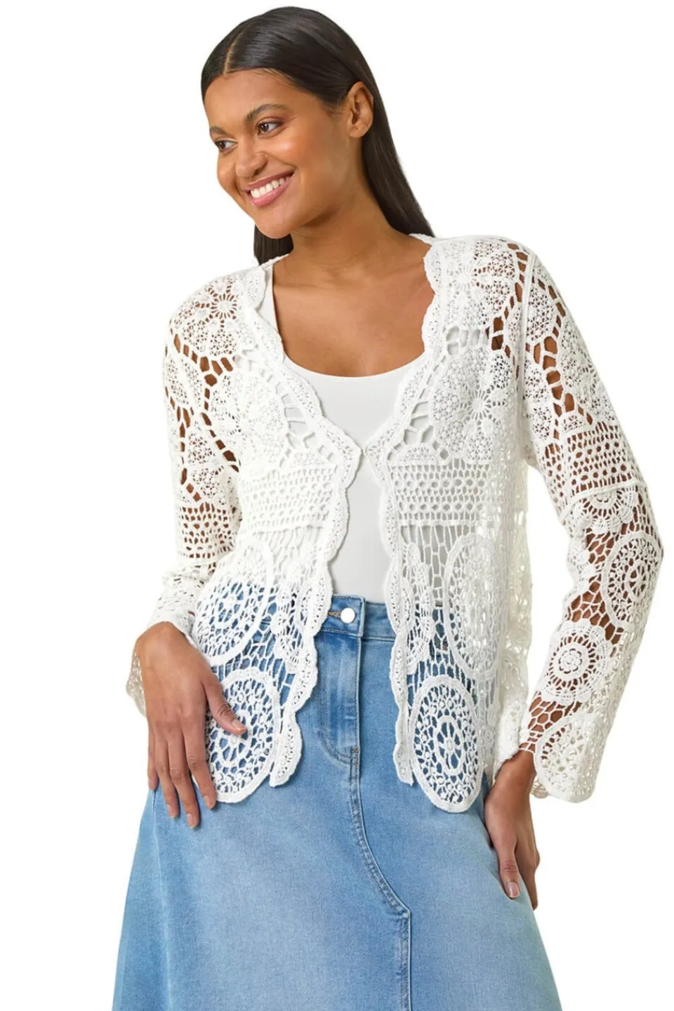 Tops>Roman Ivory Crochet Tie Front Knit Cardigan
