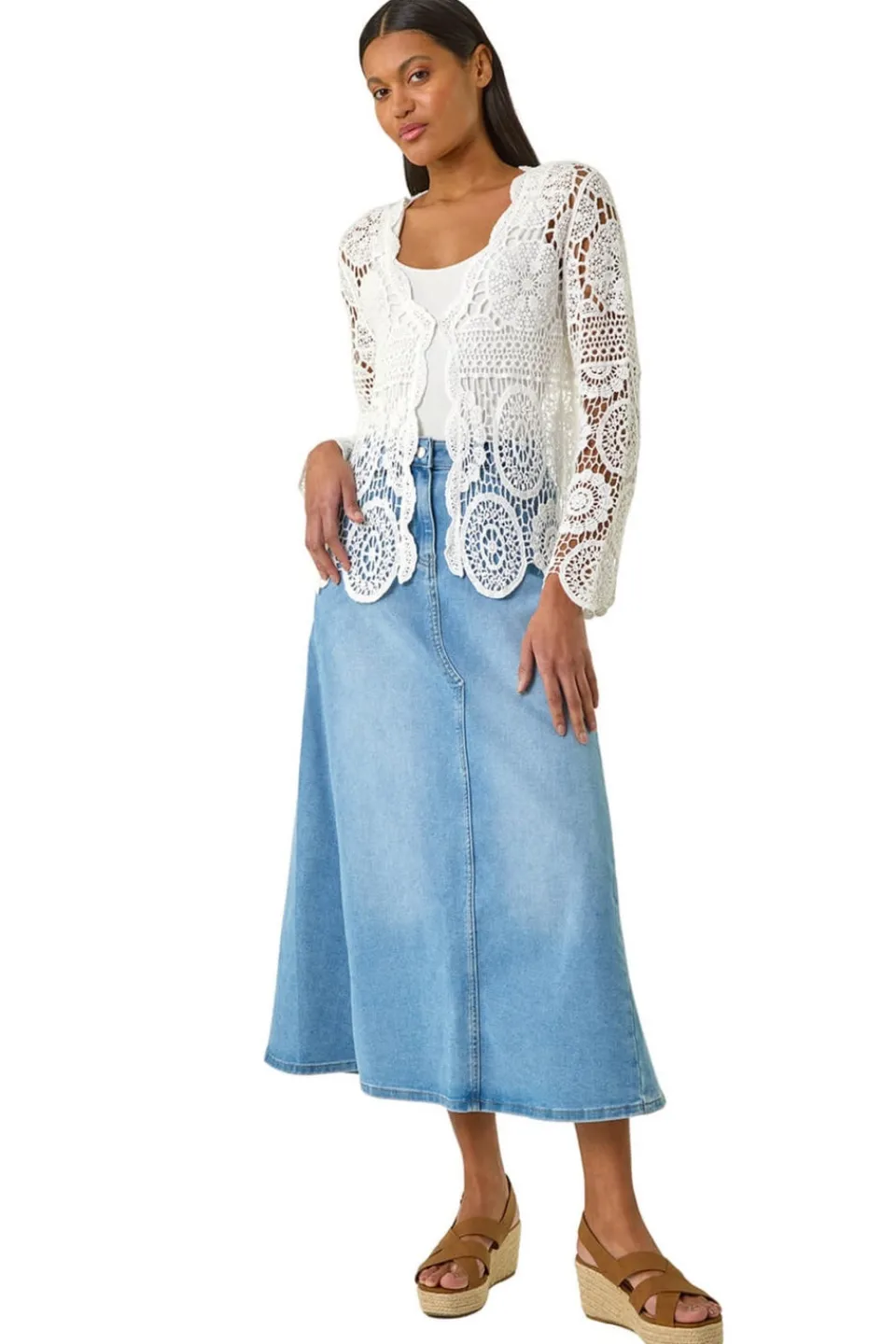 Tops>Roman Ivory Crochet Tie Front Knit Cardigan
