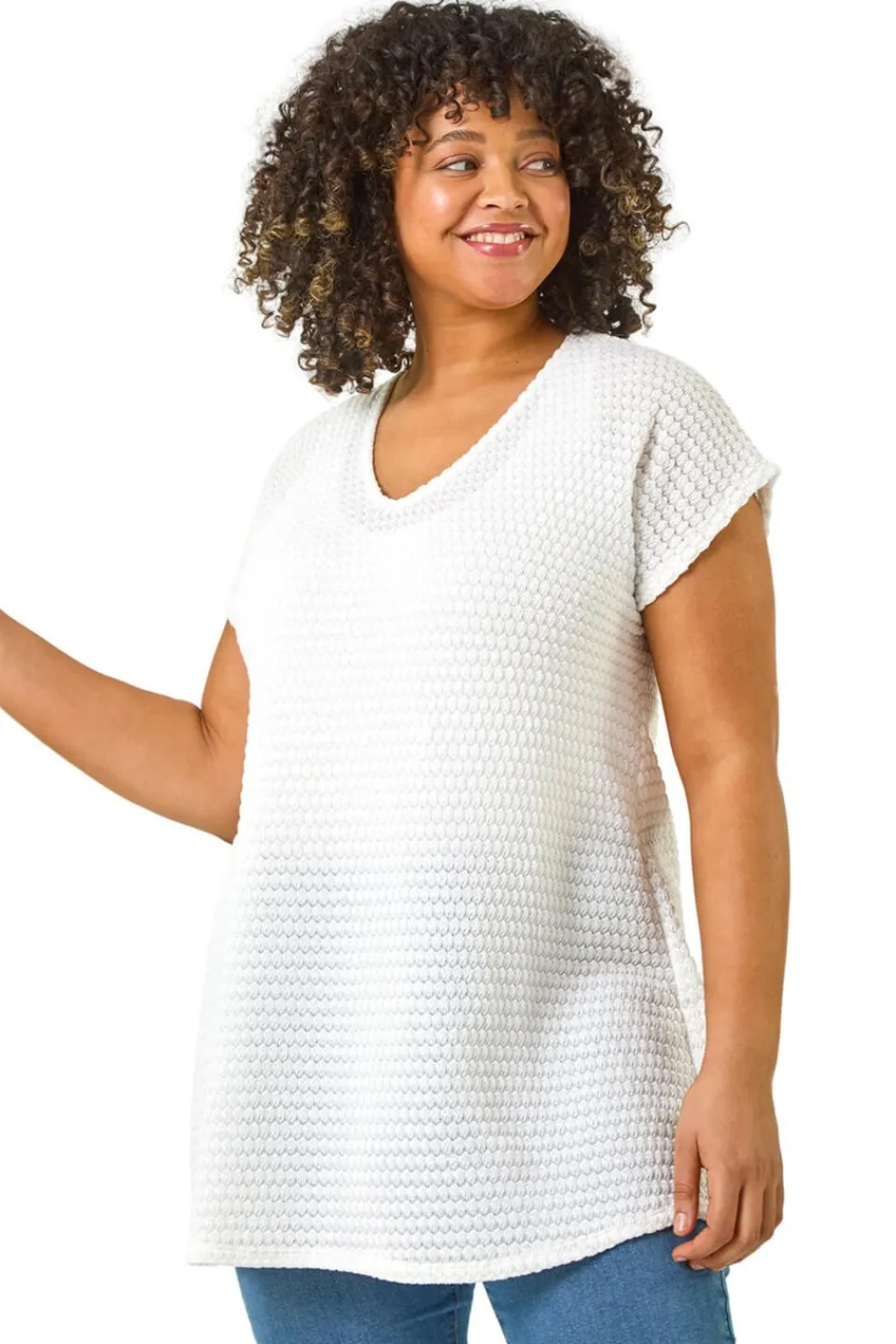 Tops>Roman Ivory Curve Crochet V-Neck Stretch Top