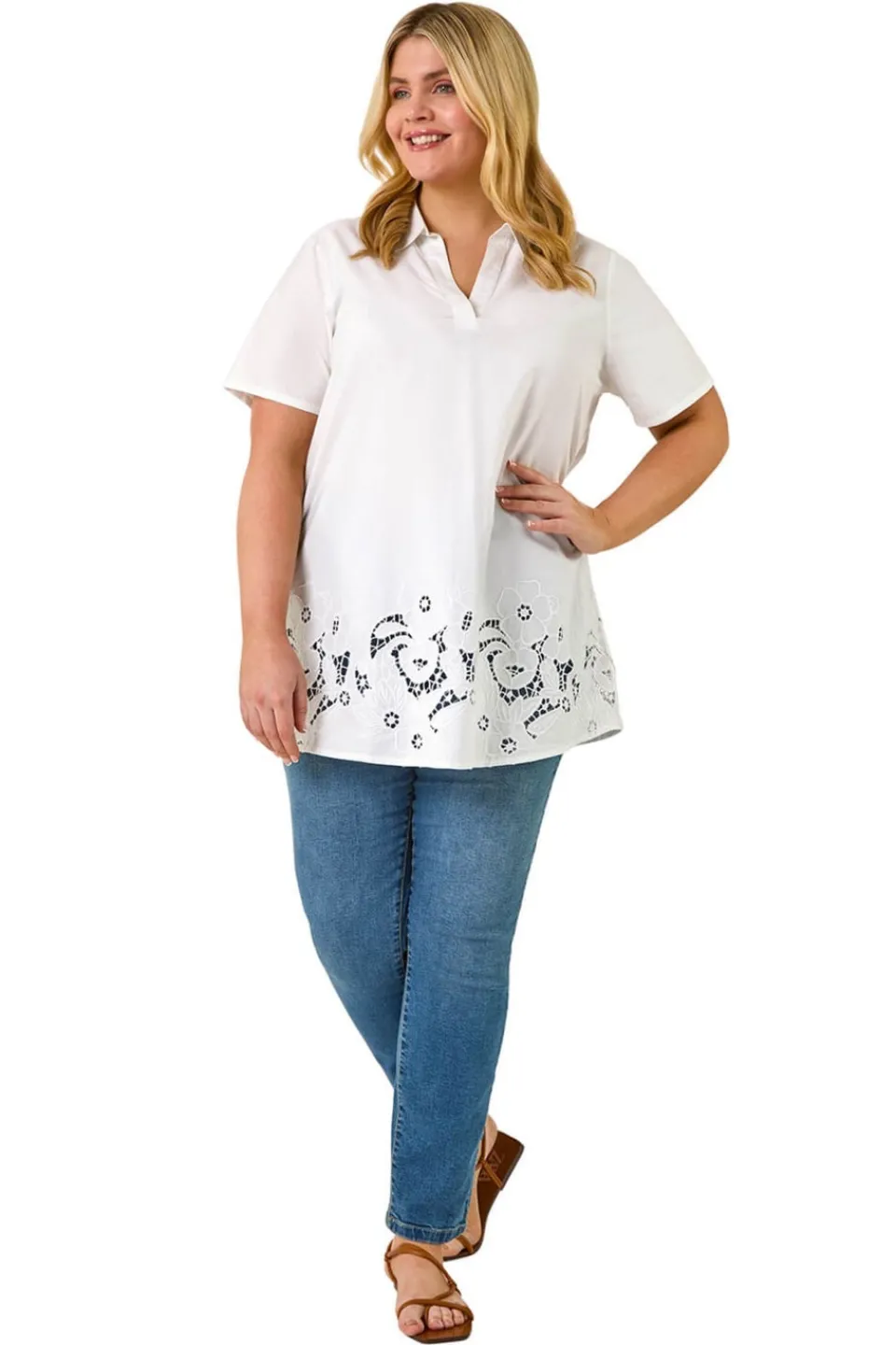 Tops>Roman Ivory Curve Floral Cut Out Woven Top