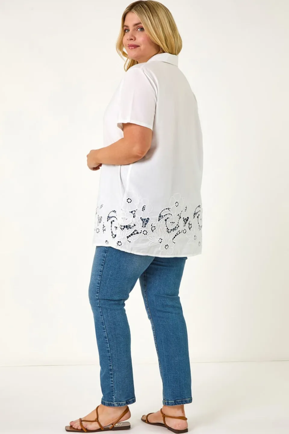 Tops>Roman Ivory Curve Floral Cut Out Woven Top