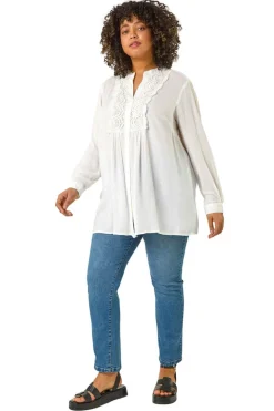 Tops>Roman Ivory Curve Lace Trim Pintuck Blouse