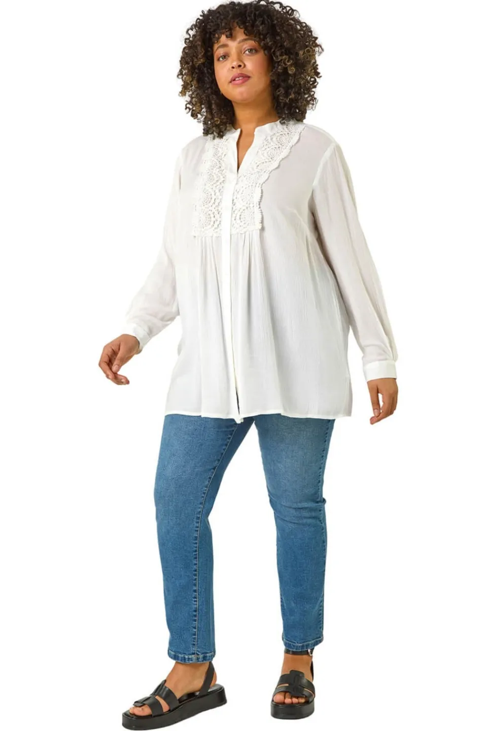 Tops>Roman Ivory Curve Lace Trim Pintuck Blouse