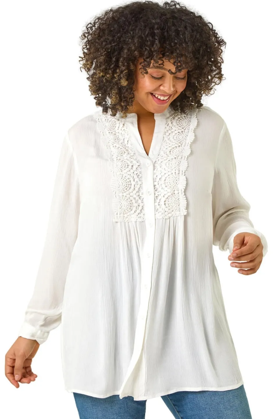 Tops>Roman Ivory Curve Lace Trim Pintuck Blouse