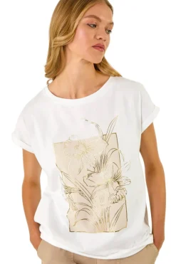 T-Shirts>Roman Ivory Daffodil Print Cotton Tee