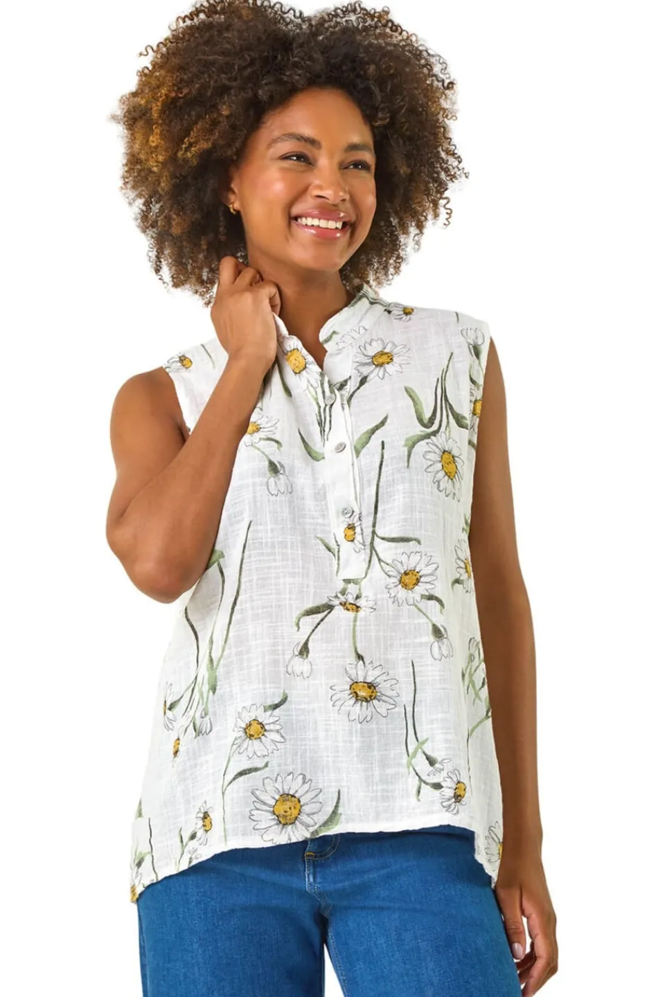 Tops>Roman Ivory Daisy Print V Neck Vest