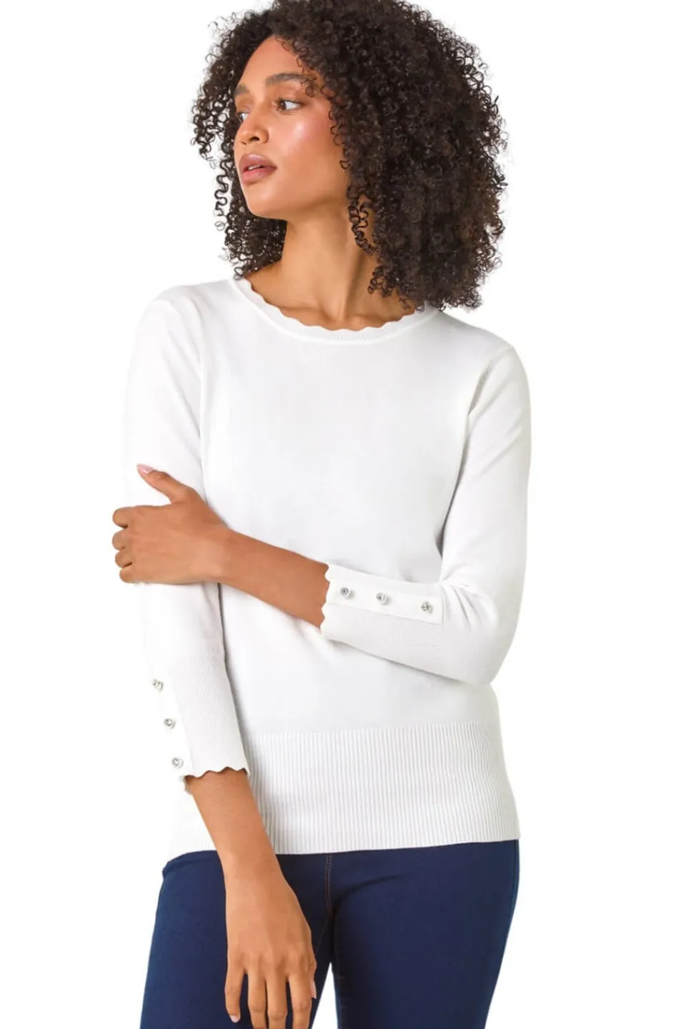 Tops>Roman Diamante Button Scallop Edge Jumper Ivory