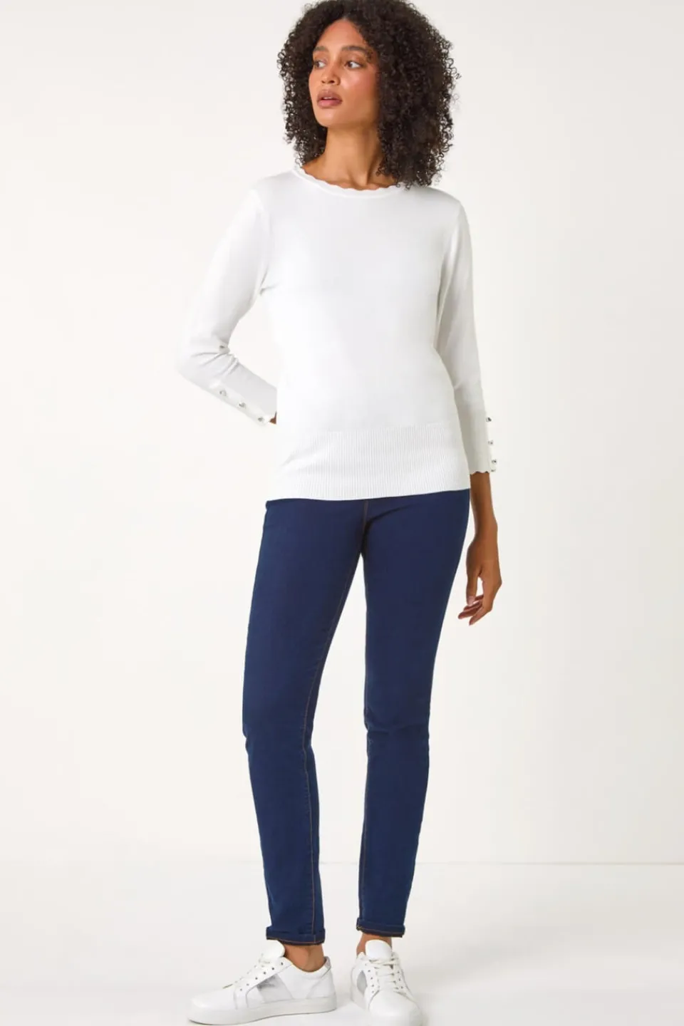 Tops>Roman Diamante Button Scallop Edge Jumper Ivory