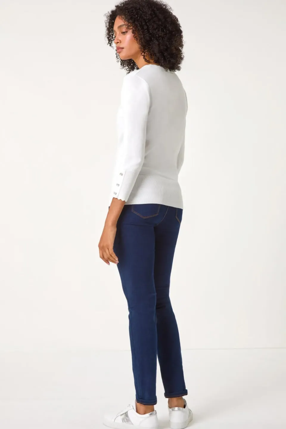 Tops>Roman Diamante Button Scallop Edge Jumper Ivory