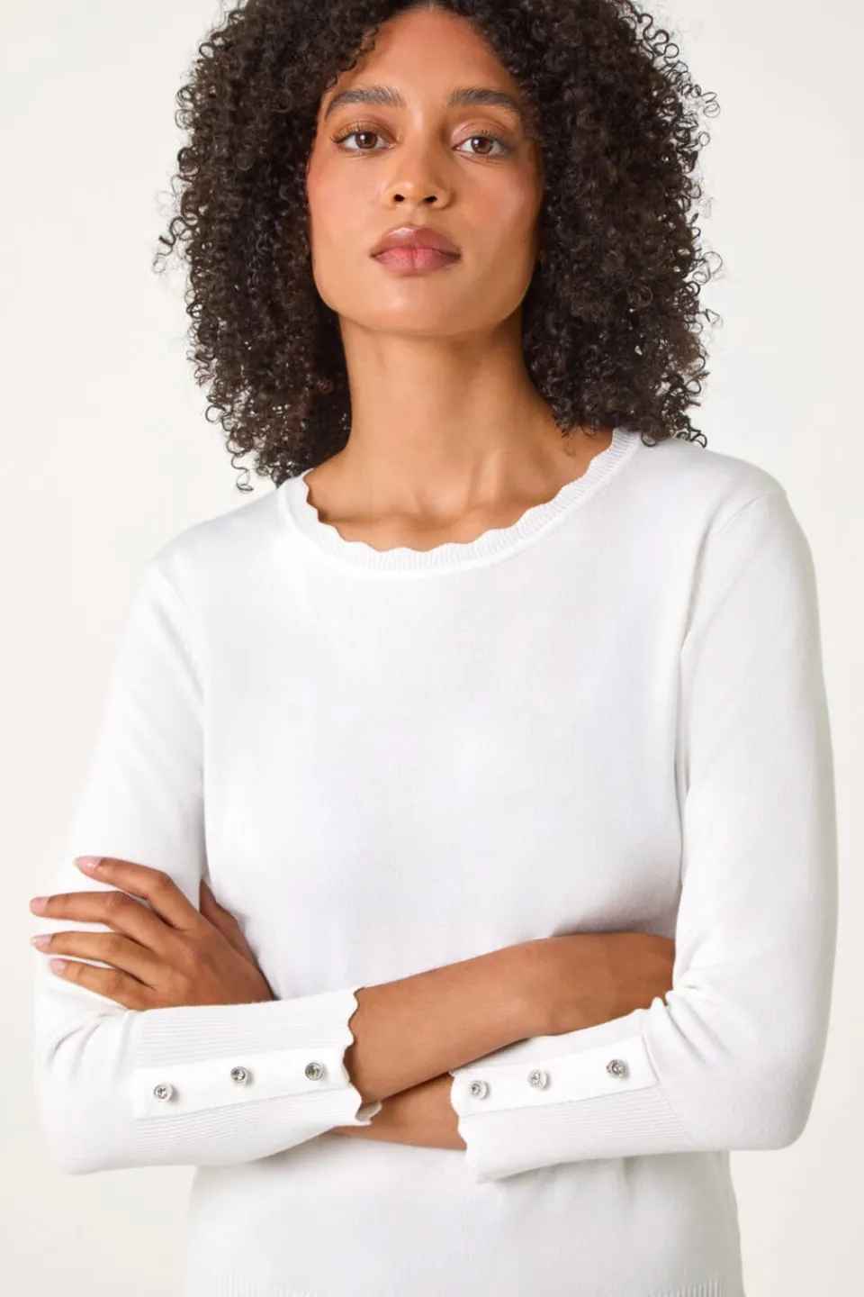 Tops>Roman Diamante Button Scallop Edge Jumper Ivory