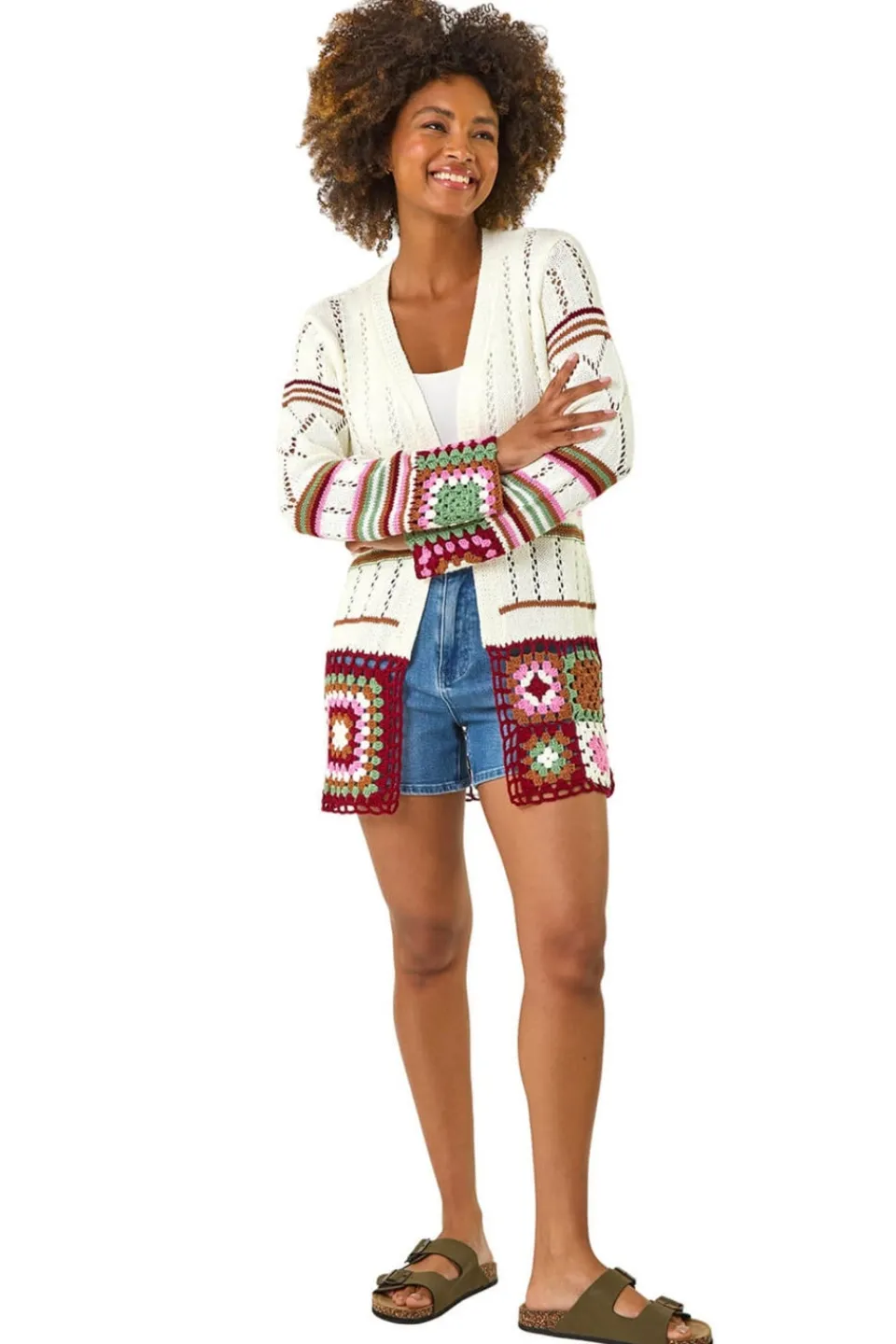 Tops>Roman Ivory Edge Crochet Detail Knit Cardigan