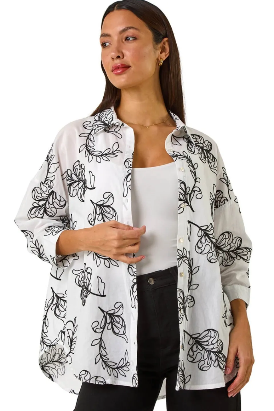 Tops>Roman Ivory Embroidered Floral Cotton Shirt