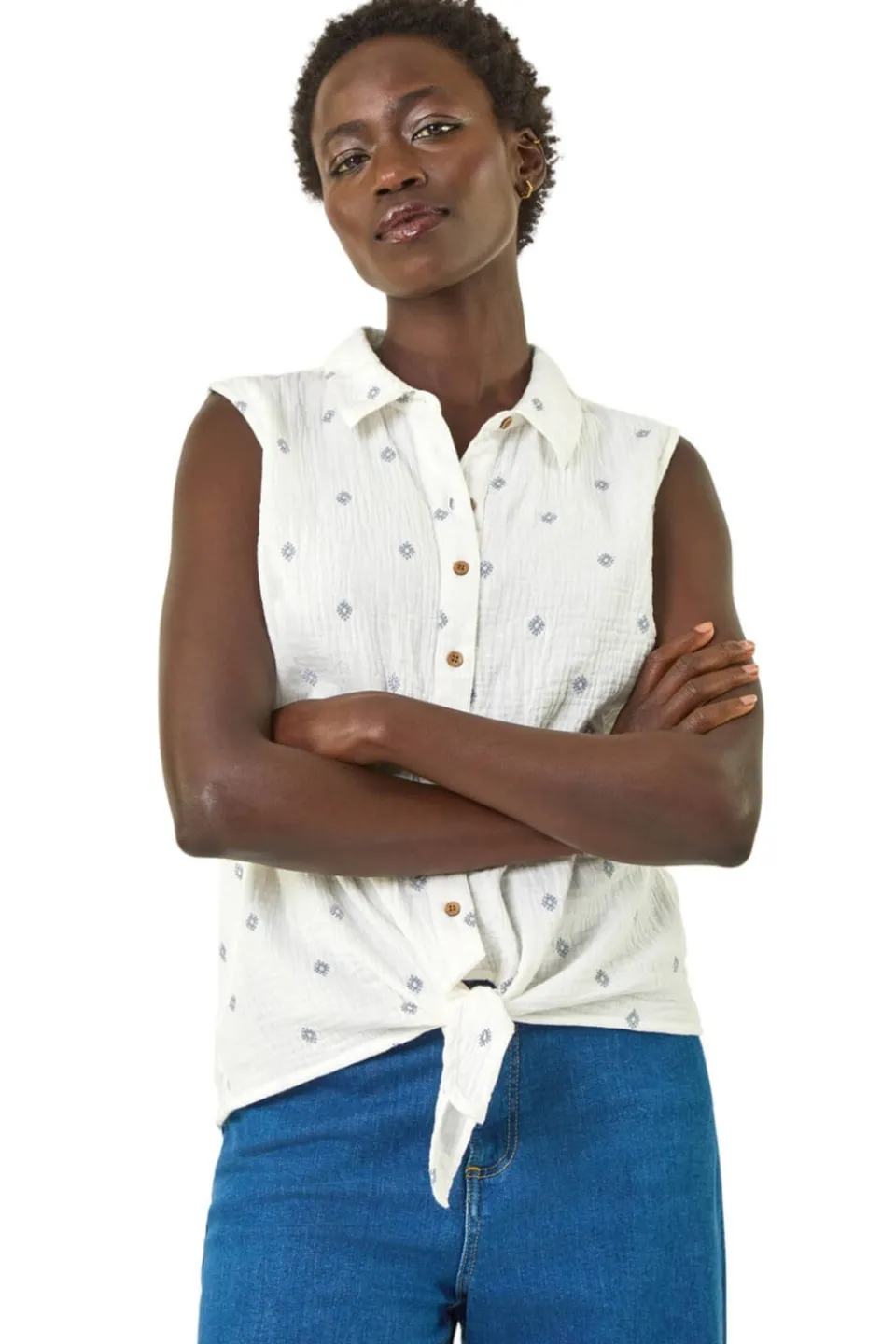Tops>Roman Ivory Embroidered Tie Hem Blouse