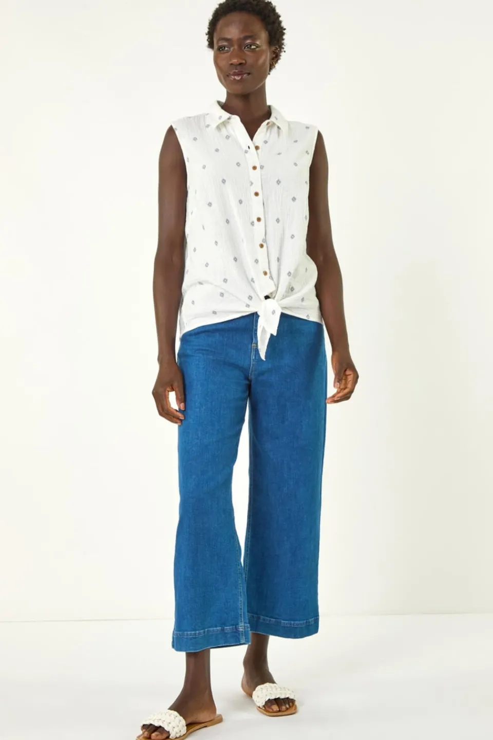 Tops>Roman Ivory Embroidered Tie Hem Blouse
