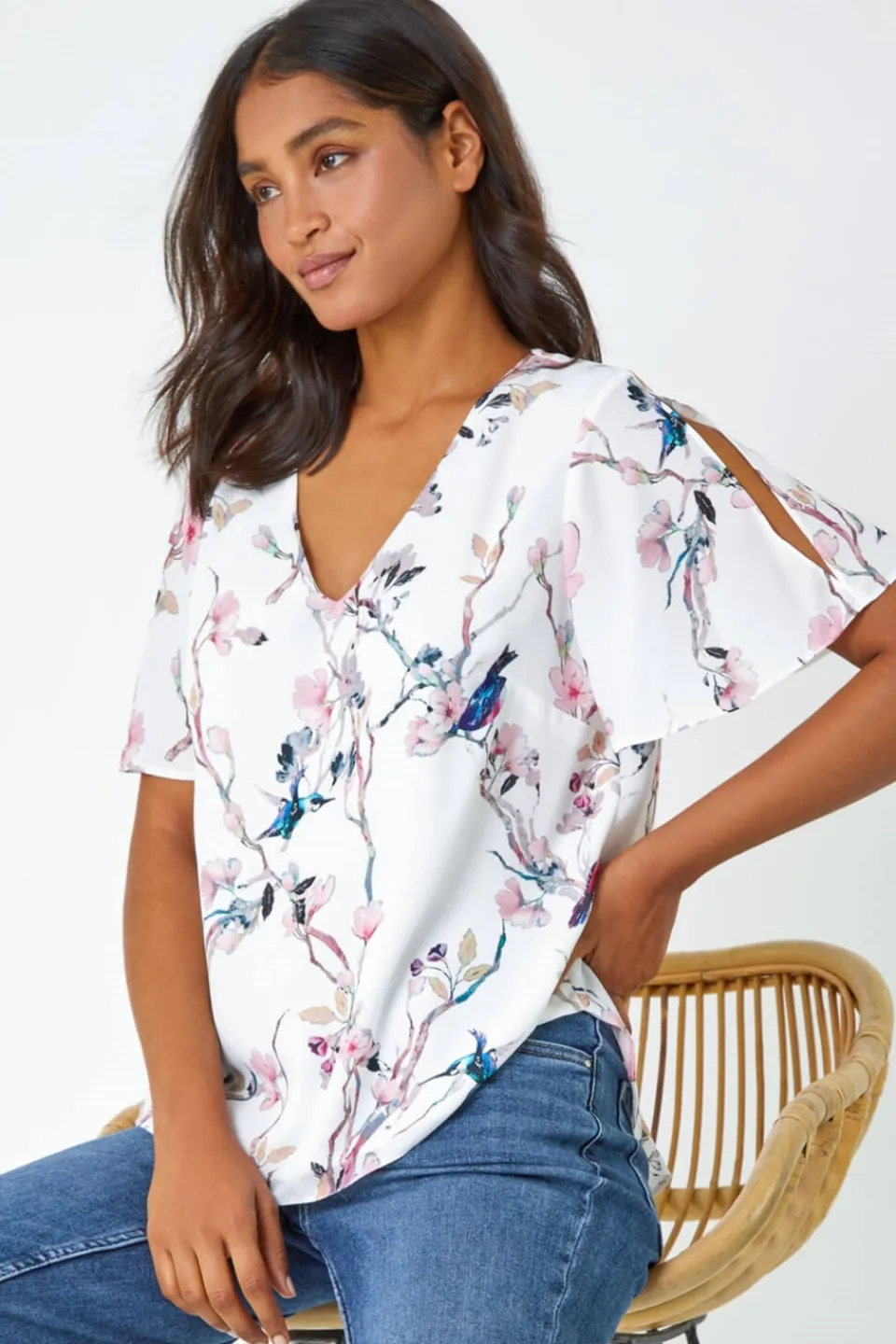 T-Shirts>Roman Ivory Floral Angel Sleeve V-Neck Top