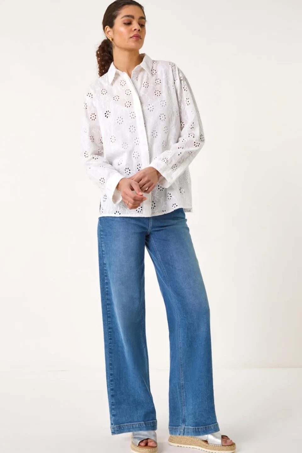 Tops>Roman Ivory Floral Broderie Collar Cotton Shirt