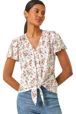 Tops>Roman Ivory Floral Buttoned Tie Hem Top