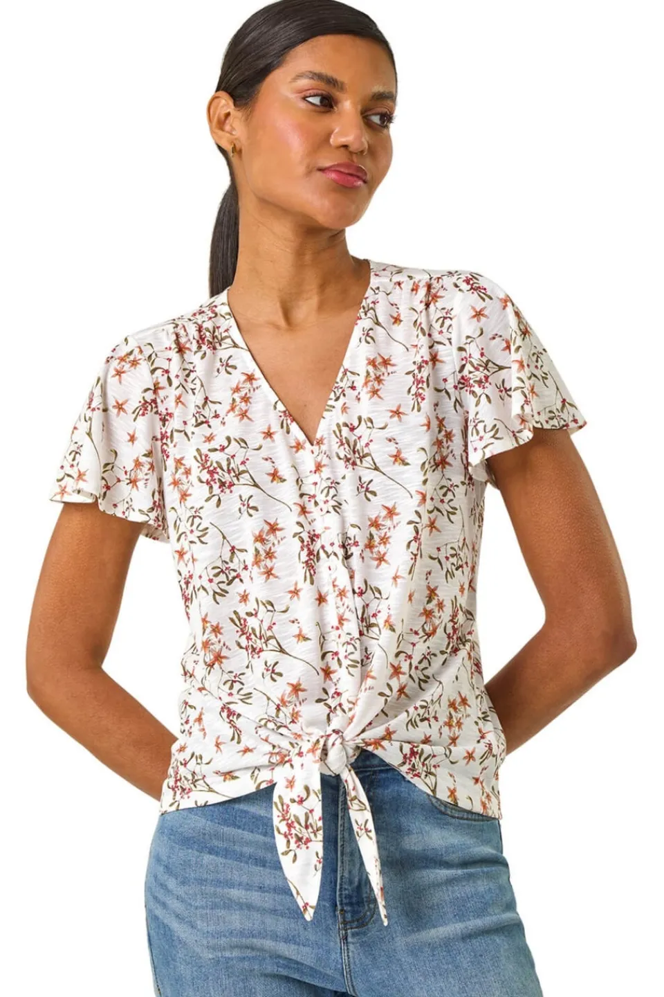 Tops>Roman Ivory Floral Buttoned Tie Hem Top