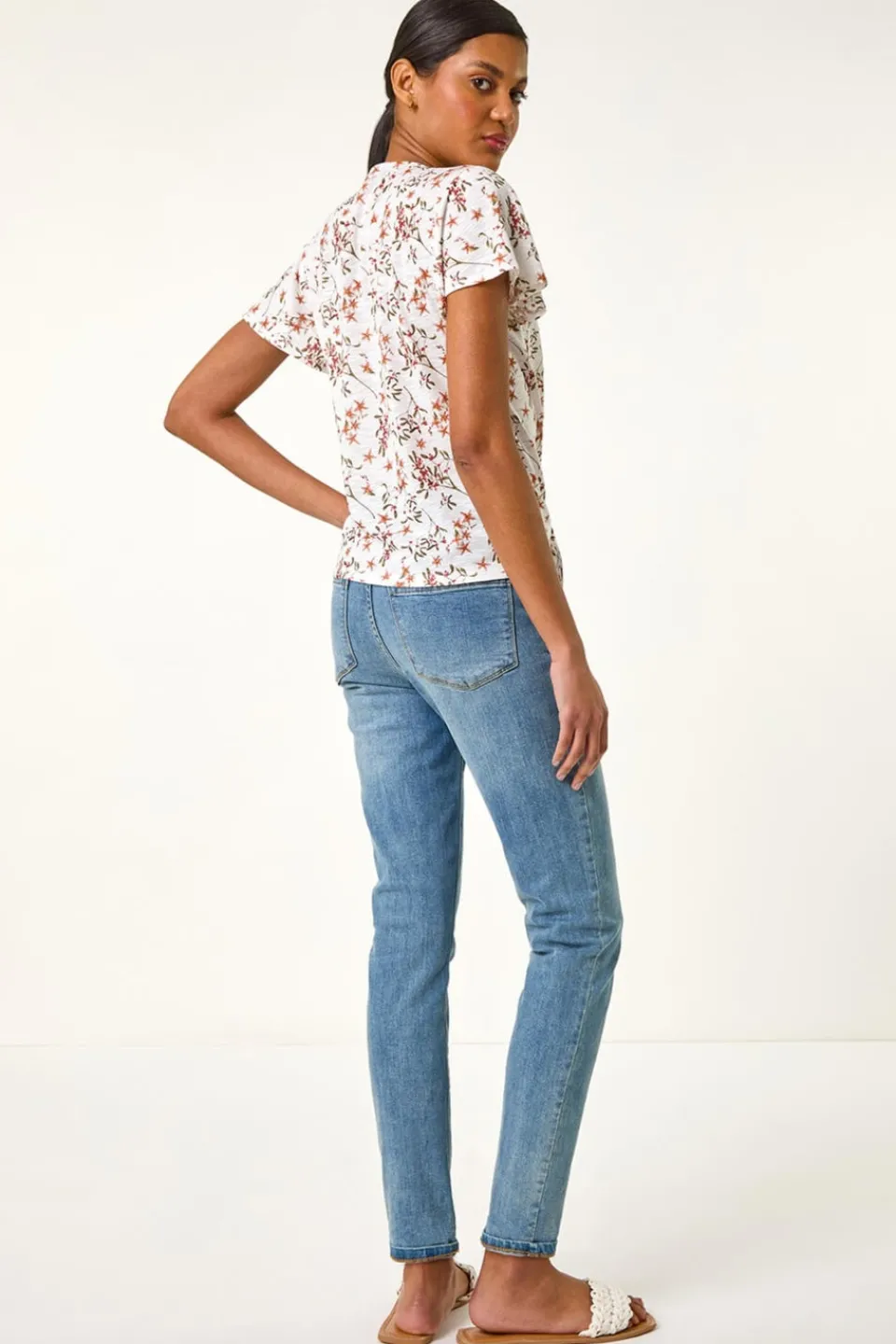 Tops>Roman Ivory Floral Buttoned Tie Hem Top