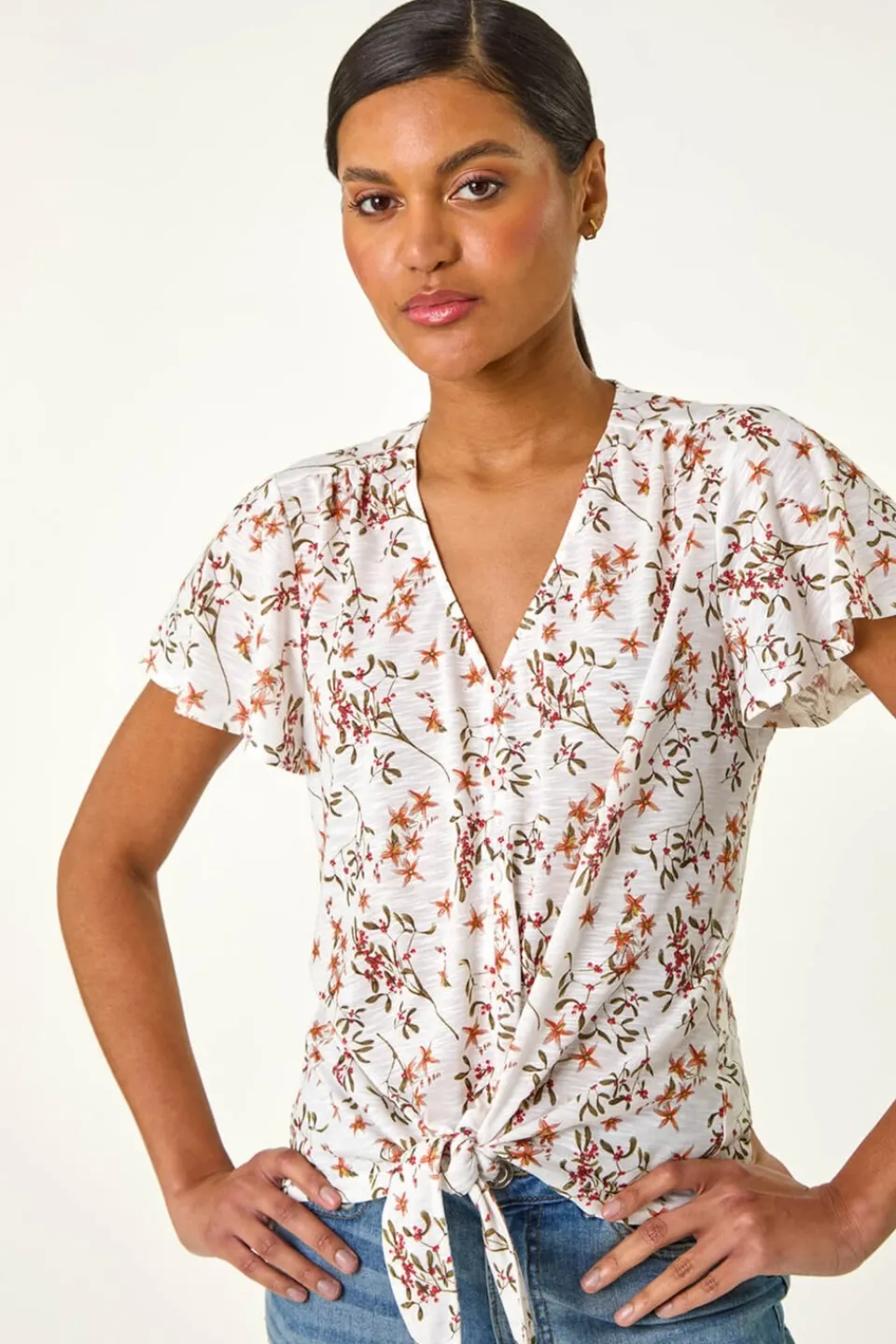 Tops>Roman Ivory Floral Buttoned Tie Hem Top