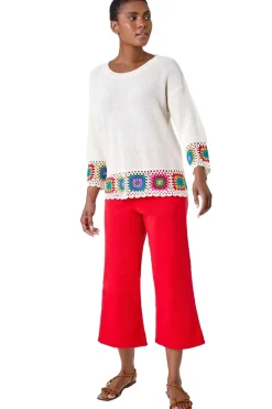 Knitwear>Roman Ivory Floral Crochet Hem Cotton Jumper