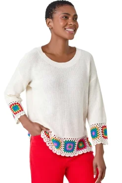 Knitwear>Roman Ivory Floral Crochet Hem Cotton Jumper
