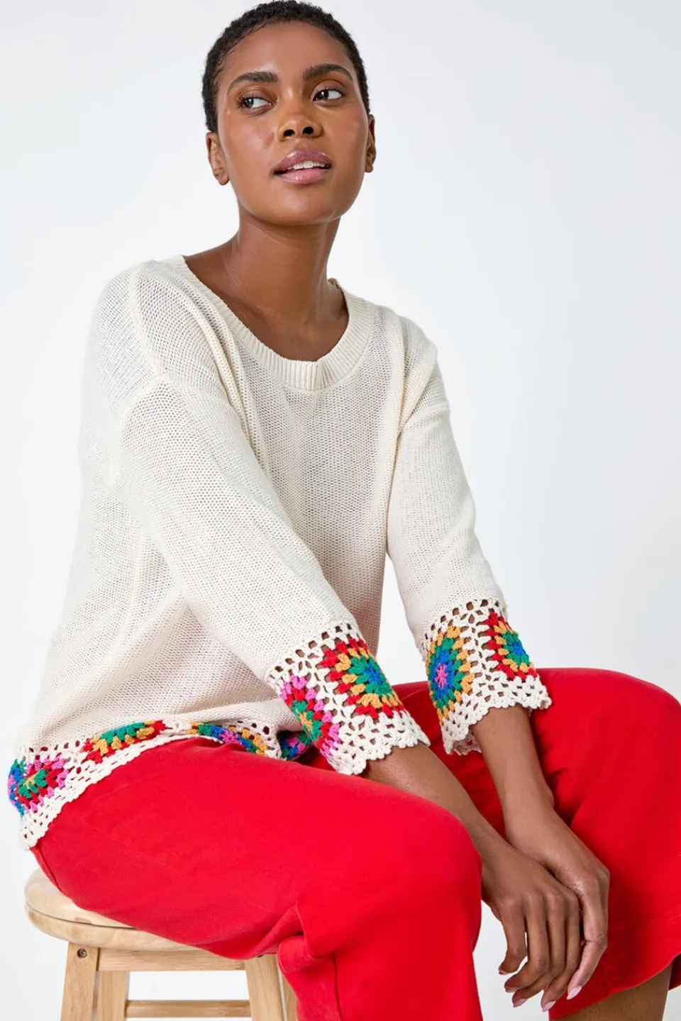 Knitwear>Roman Ivory Floral Crochet Hem Cotton Jumper