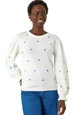 Tops>Roman Ivory Floral Embroidery Knit Top