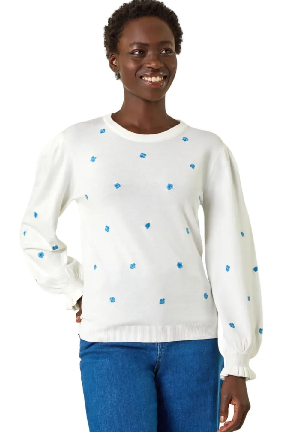 Tops>Roman Ivory Floral Embroidery Knit Top
