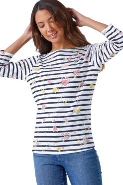 T-Shirts>Roman Ivory Floral Print Stripe Top