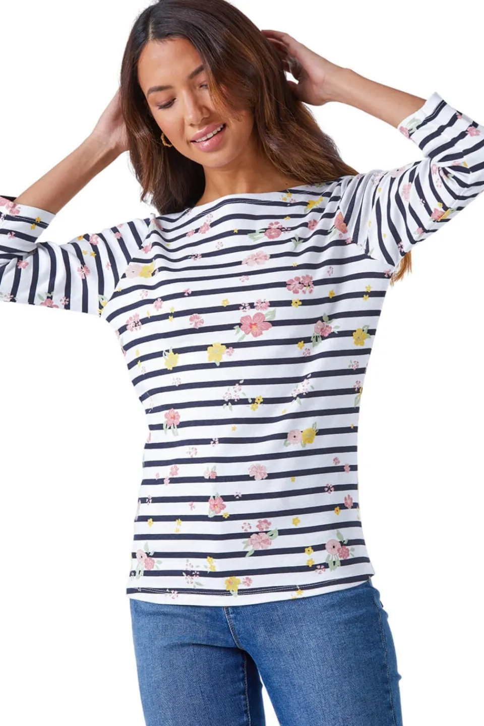 T-Shirts>Roman Ivory Floral Print Stripe Top