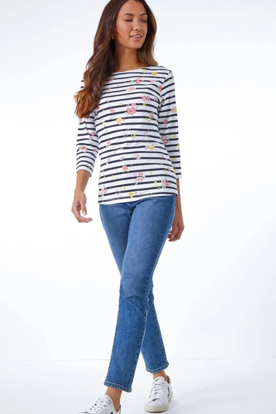 T-Shirts>Roman Ivory Floral Print Stripe Top