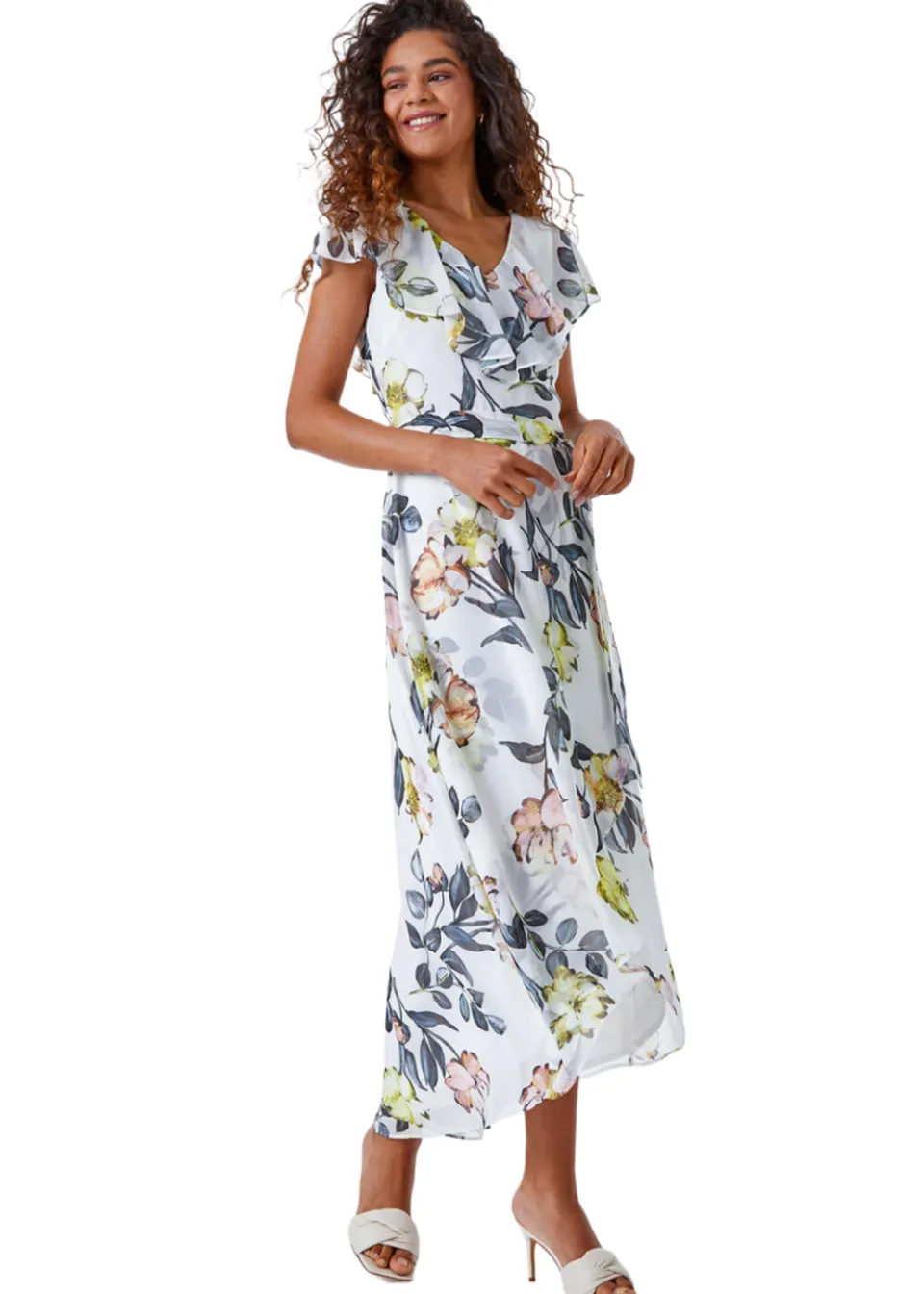 Dresses>Roman Ivory Floral Print Frill Cape Wrap Dress