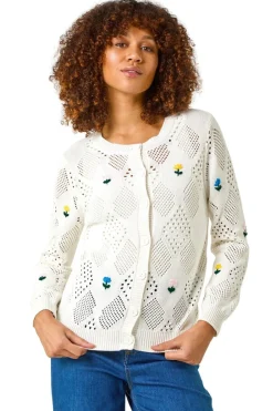 Tops>Roman Ivory Flower Embroidered Cardigan