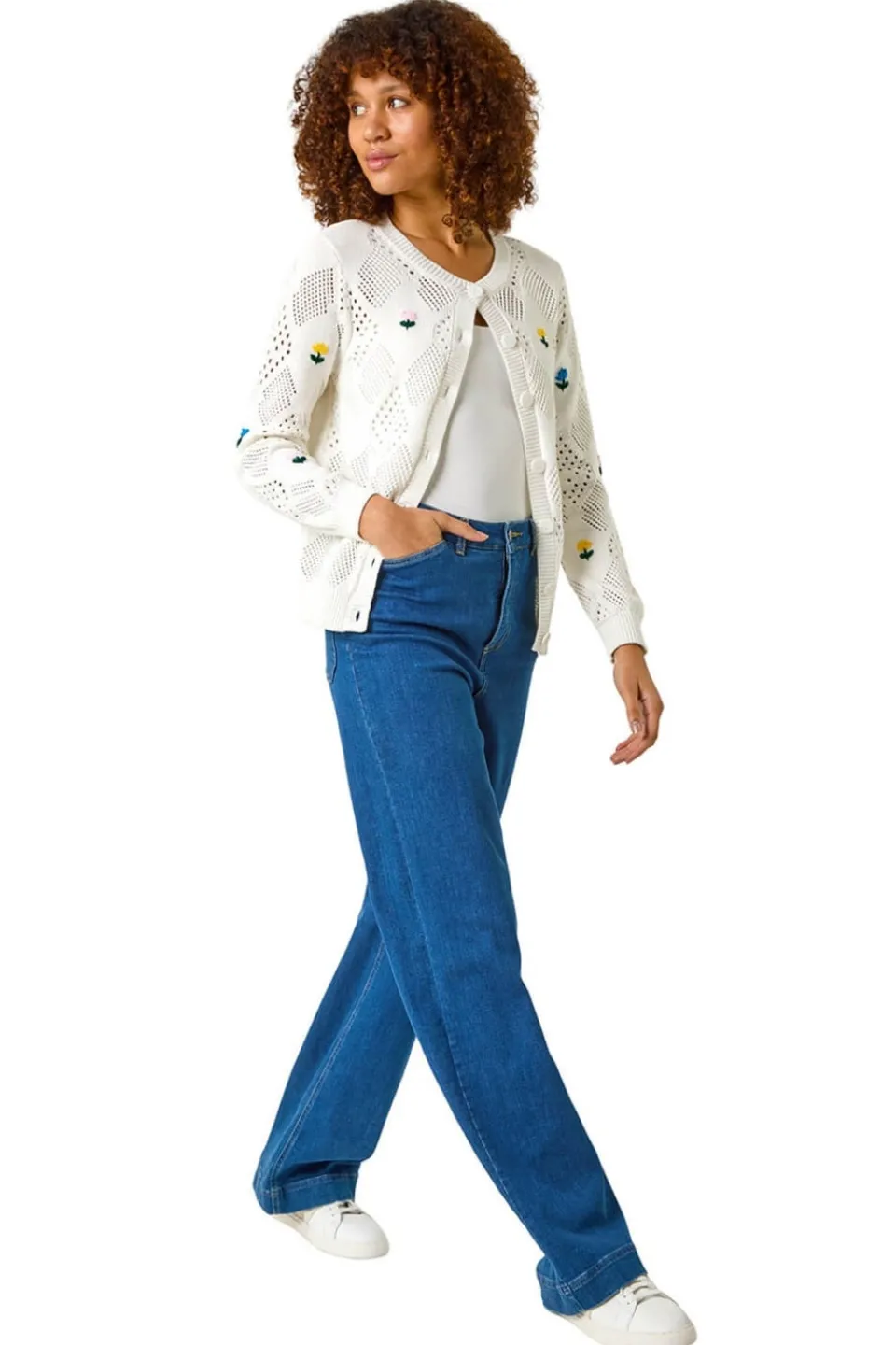 Tops>Roman Ivory Flower Embroidered Cardigan