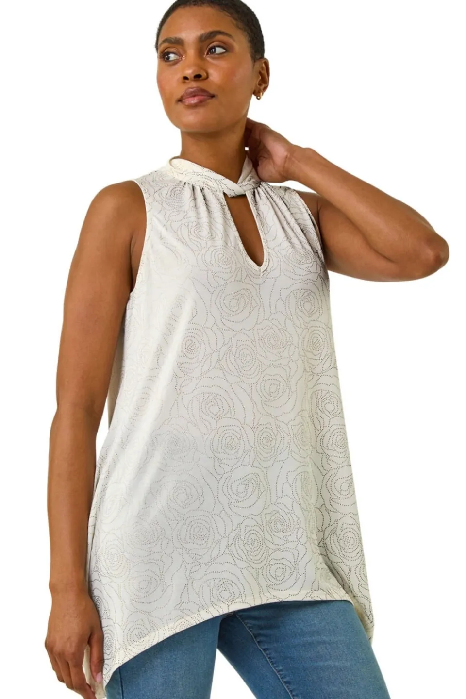 Tops>Roman Ivory Foil Rose Twist Neck Top